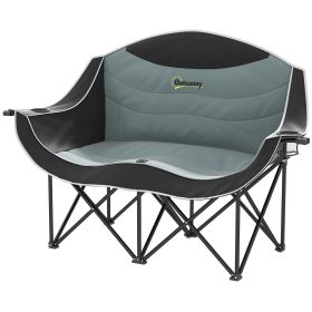 Padded Folding Camp Chair for Adults, Double Camping Chairwith Armrests, Cup Holders, Carry Bag for Outdoor, Black