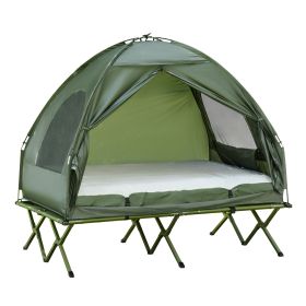 2-Person Foldable Camping Cot, Portable Outdoor w/ Bedspread & Thick Air Mattress, 4-In-1 Elevated Camping Bed Tent for Hiking, Picnic,